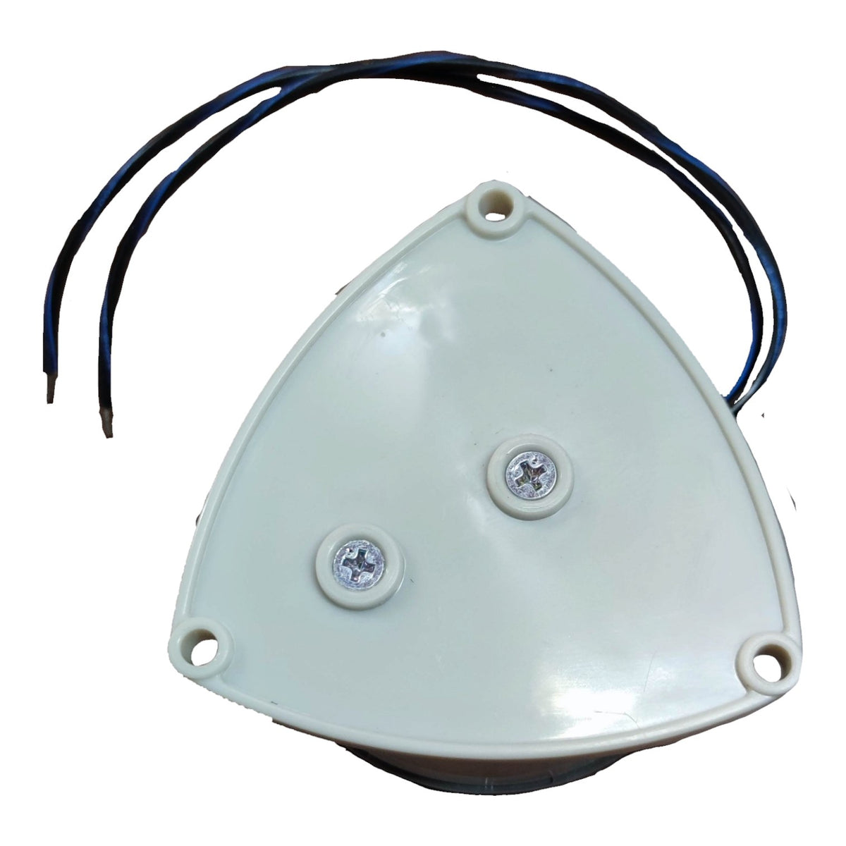 A triangular white plastic electrical junction box with three screw terminals and two black wires, shown on a plain white background.