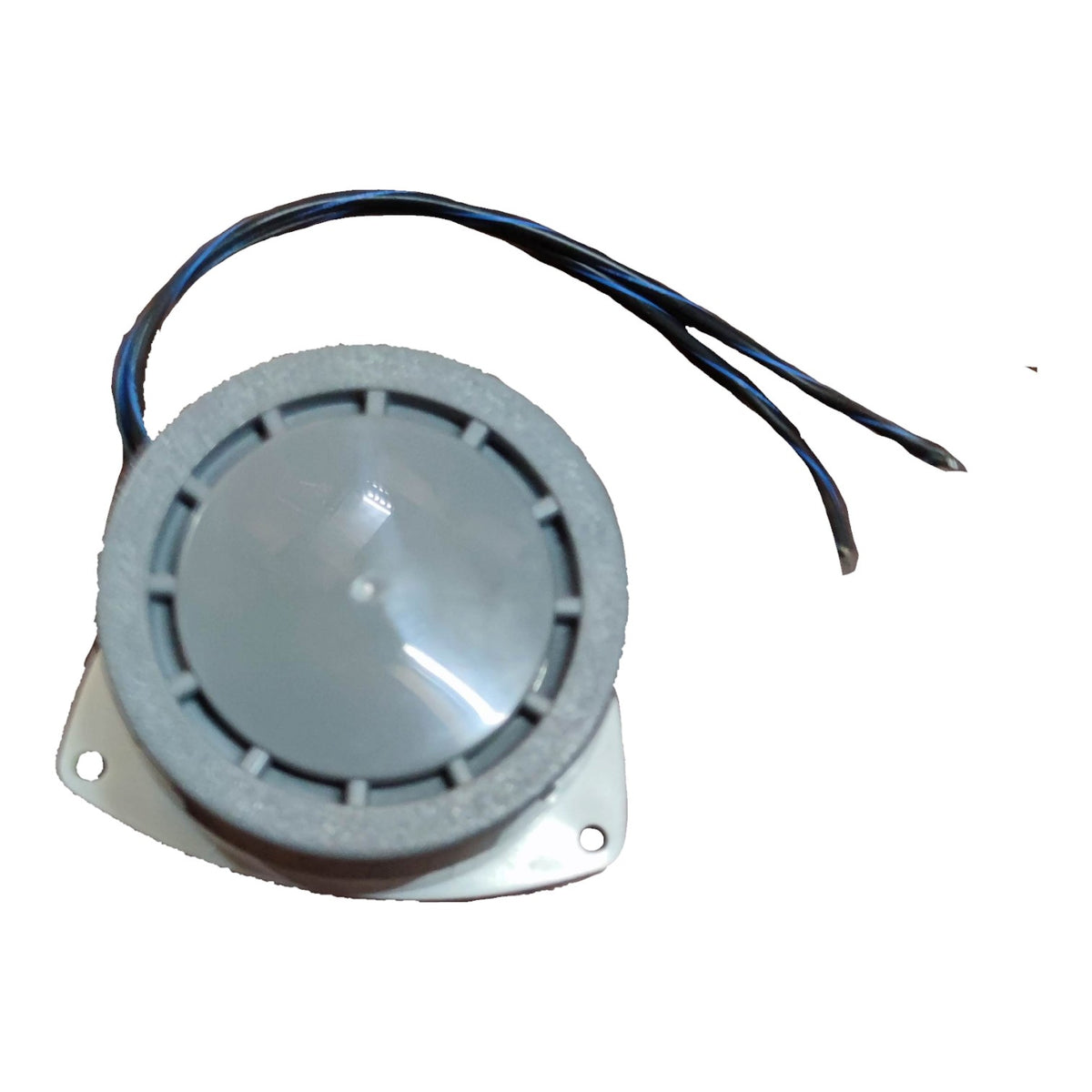 A circular gray plastic component with a mounting flange and three black-and-blue wires, photographed on a plain white background.