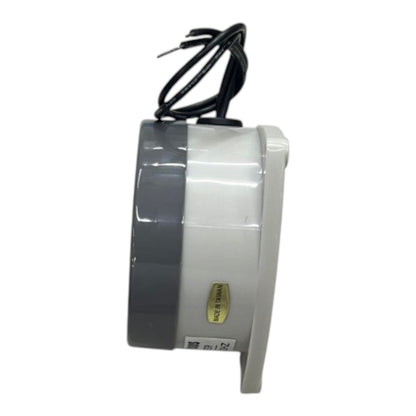 A cylindrical electronic device with a white body, a dark gray top band, black wires extending from the top, and a small gold 'MADE IN CHINA' label, shown against a plain white background.