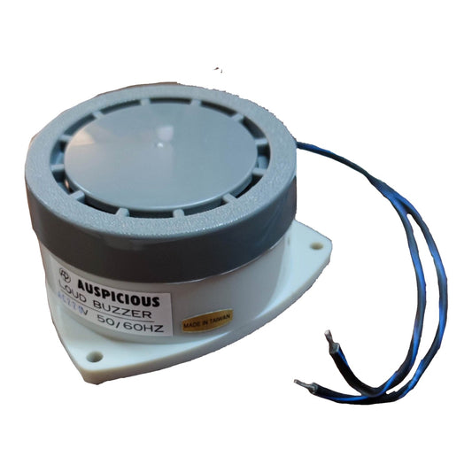 A 12V 50/60Hz acoustic sound buzzer by Auspicious, featuring a gray circular top, a white plastic base, and two blue wires with exposed copper ends, shown on a white background.