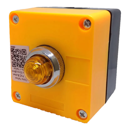 A square yellow industrial electrical component with a central amber lensed terminal screw and a silver metal ring, shown on a plain white background.