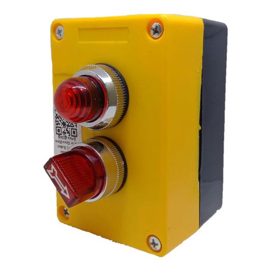 A yellow industrial electrical control panel with two red push buttons, one normally closed and one normally open, set against a plain white background.