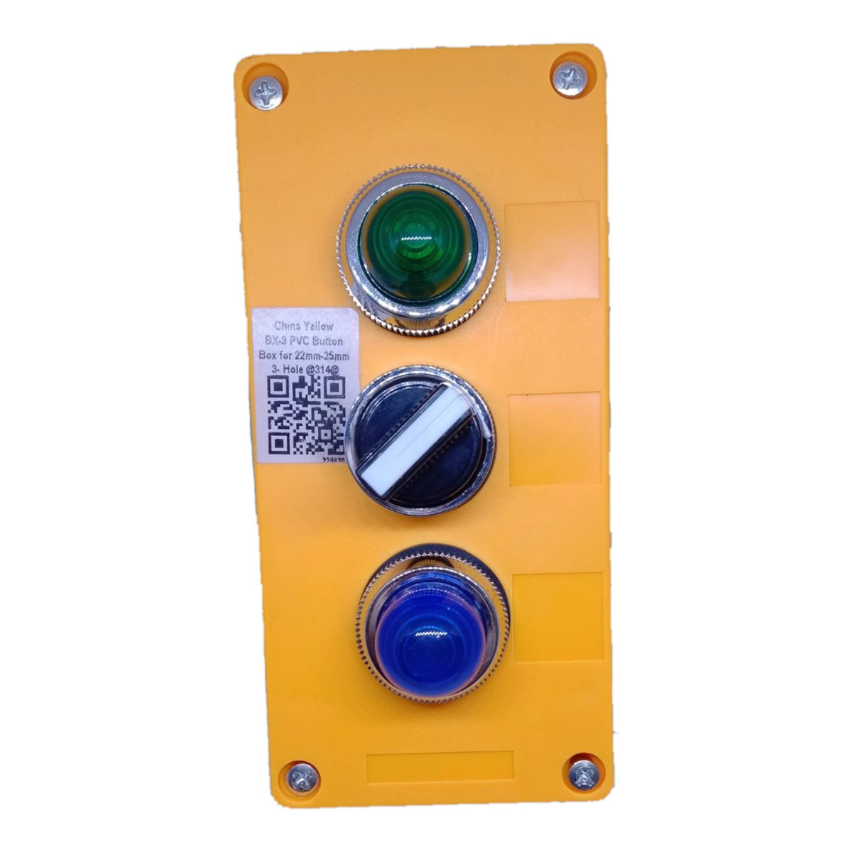 A yellow industrial control panel featuring three vertically aligned push buttons: a green button on top, a black and white diagonal button in the middle, and a blue button on the bottom. The panel is secured with four screws and includes a small white label with a QR code and text.