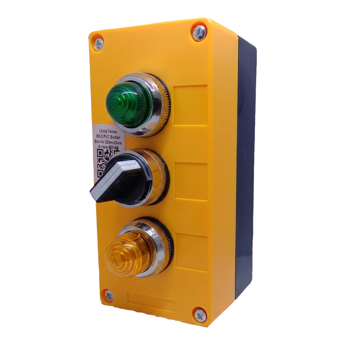 Industrial electrical control panel component featuring a yellow faceplate with a green push button, a black rotary switch, and an amber indicator light, set against a plain white background.