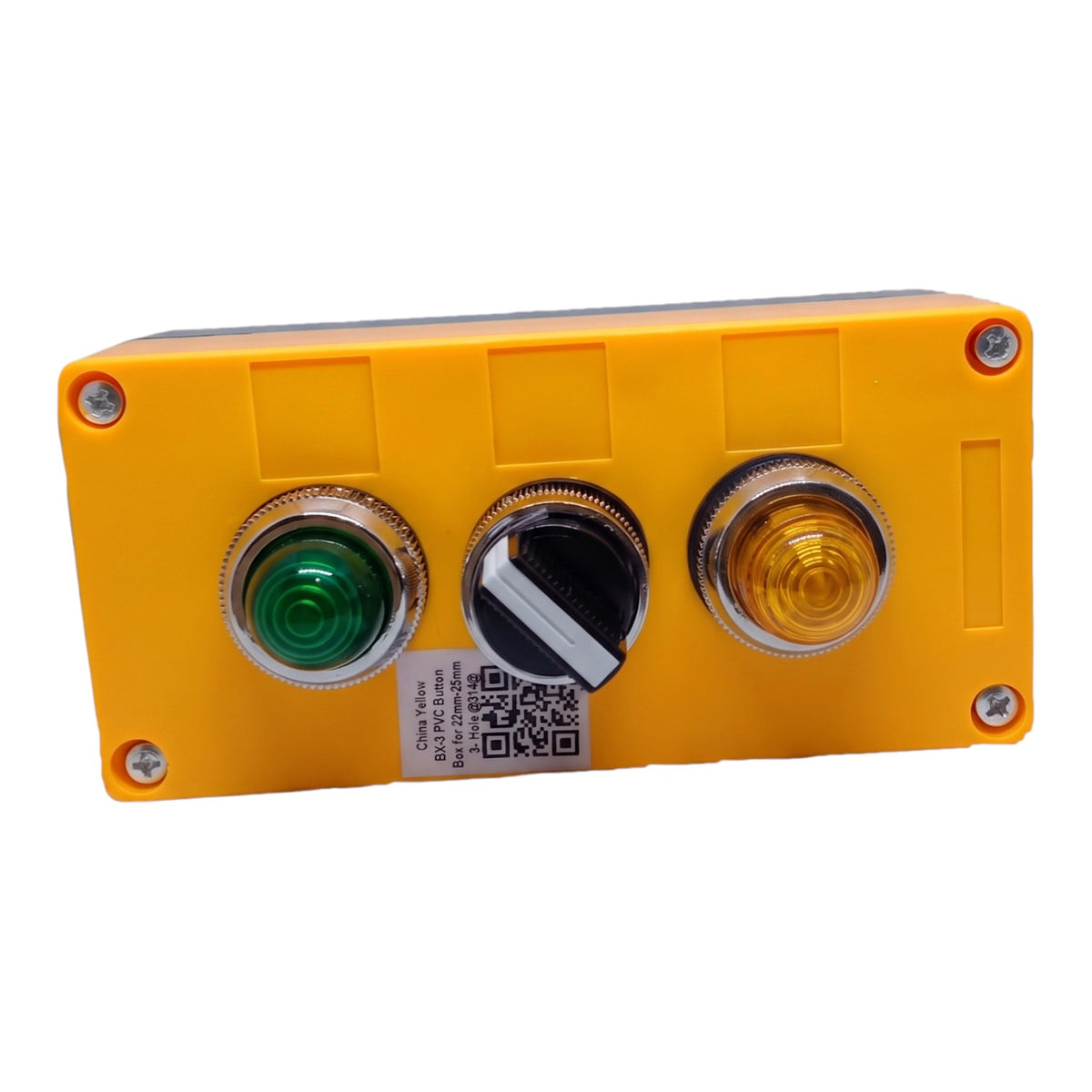 A yellow industrial control panel box with three front push buttons: a green button on the left, a black toggle switch in the center, and a yellow indicator light on the right. The panel is secured with corner screws and has a small QR code label on the front.