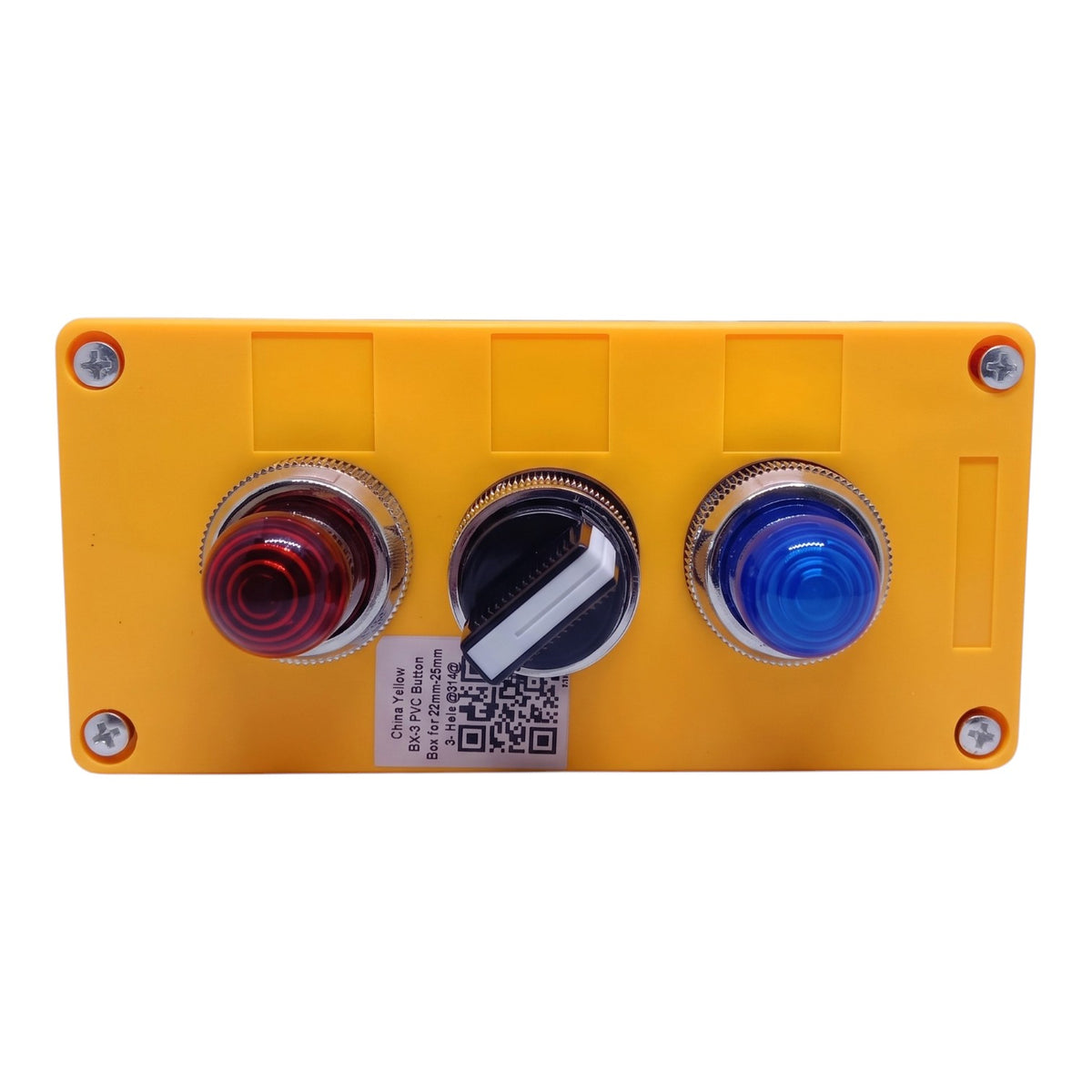 A yellow industrial control panel featuring three round push buttons: a red light button on the left, a black rotary switch in the center, and a blue light button on the right, all mounted on a yellow plastic faceplate with silver screws.