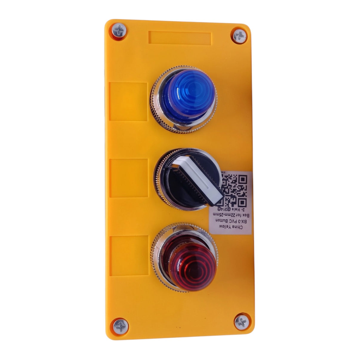A yellow industrial control panel featuring three vertically aligned push buttons: a blue button on top, a black button in the middle with a white diagonal indicator, and a red button on the bottom. The panel is secured with four silver screws and has a small QR code label on the right side.