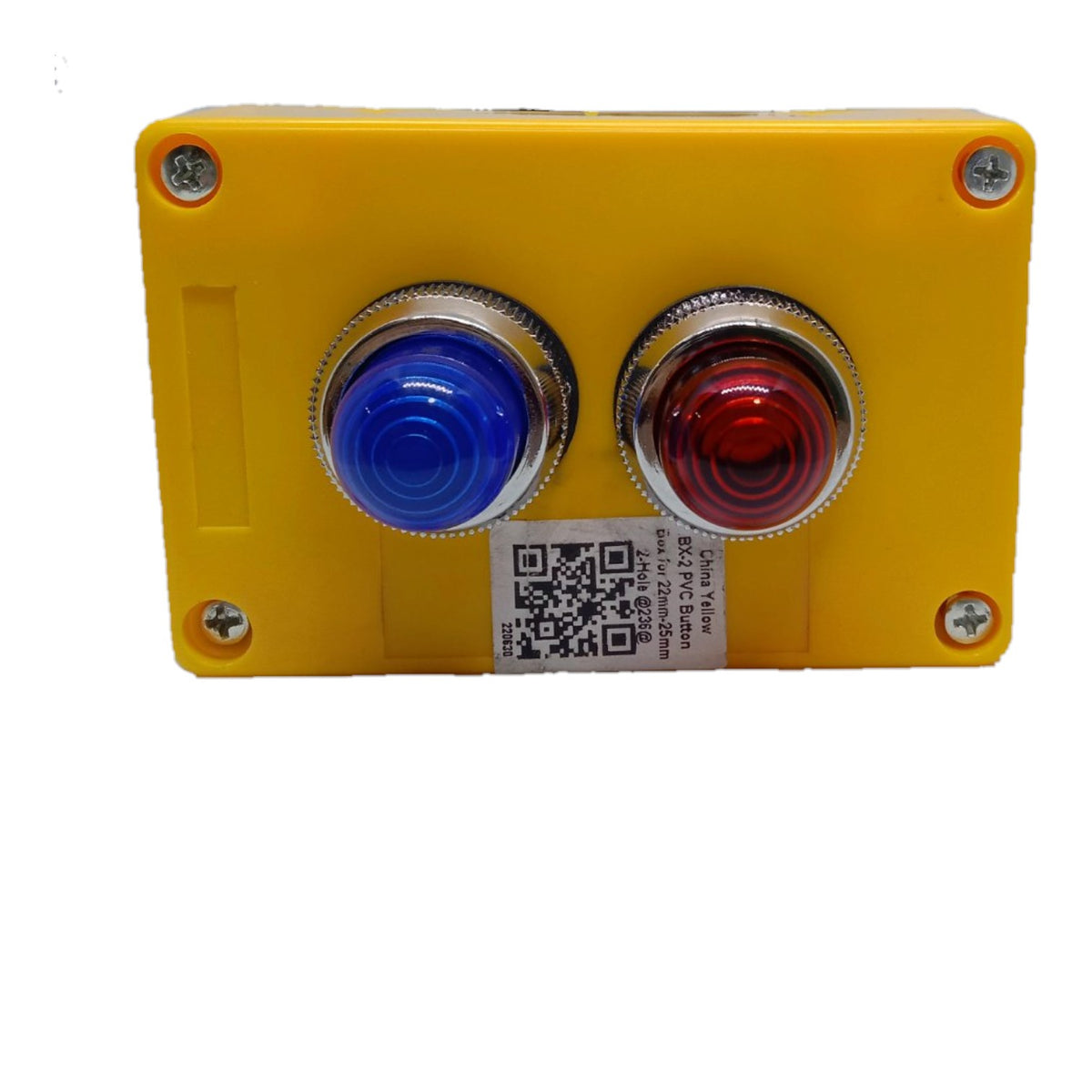 A yellow industrial control panel box featuring two prominent push buttons, one blue and one red, with a white QR code label in the center.