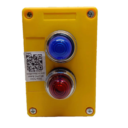 A yellow industrial plastic control panel featuring two large push buttons, one blue and one red, with a white QR code label on the left side.