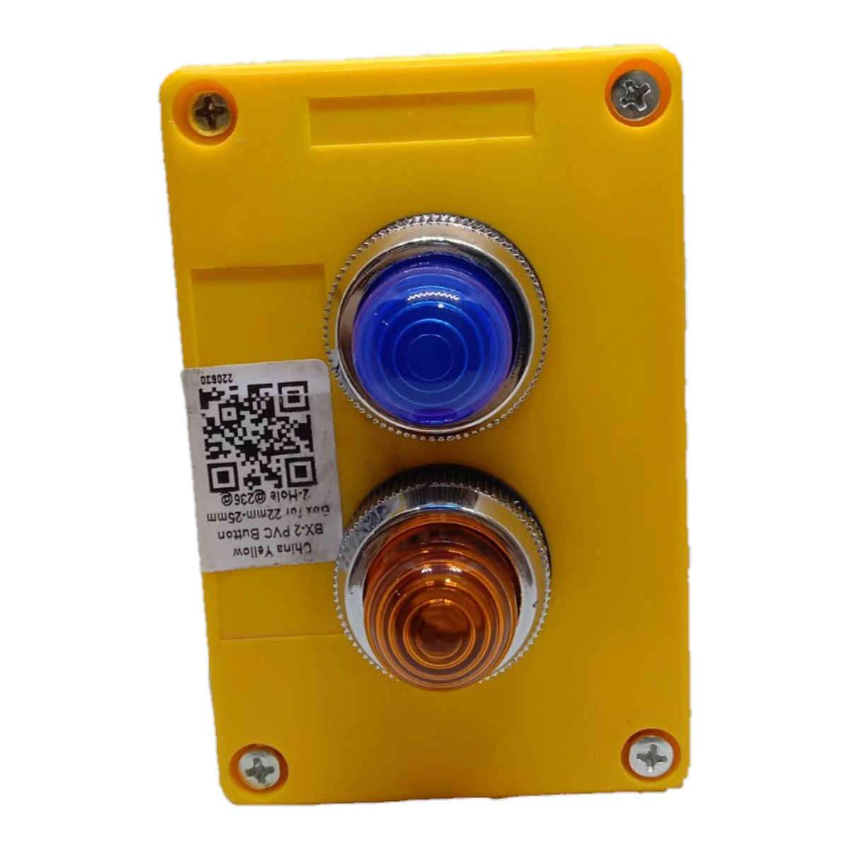 A yellow industrial control panel with two large push buttons, one blue and one amber, on a white background.