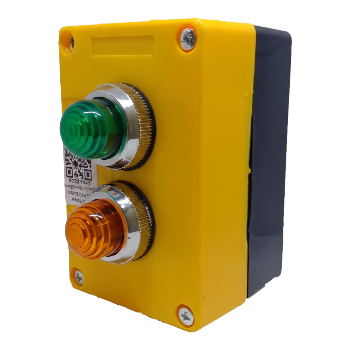 Industrial push button panel with a yellow housing, featuring a green emergency stop button on top and an orange start button below, both with silver metal bezels, set against a plain white background.