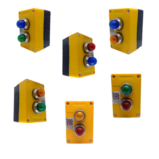 Six yellow industrial push-button control boxes with black side panels and various colored buttons (blue, green, red, orange) shown on a plain white background.