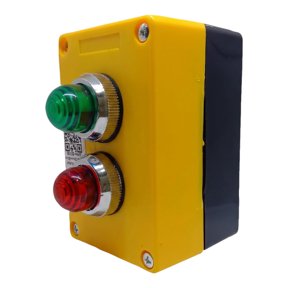 A yellow industrial emergency stop button box with a green start button on top and a red stop button on the bottom, set against a plain white background.