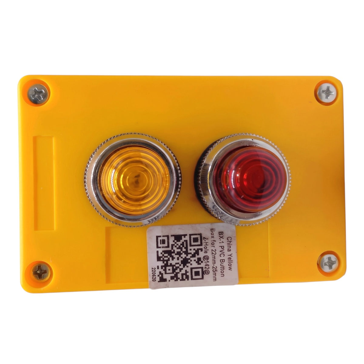 A yellow industrial control panel featuring two round push buttons with silver metal bezels, one amber/yellow and one red, with a white product label in the center.