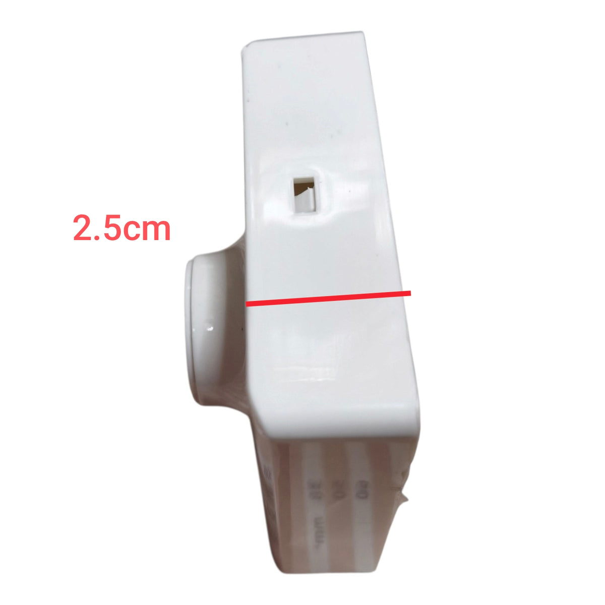White plastic wall switch shown from the side with a red measurement line and red text indicating a width of 2.5cm, on a plain white background.