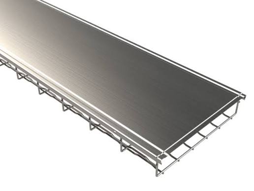 A long, narrow metal wire shelf or rack with a dark gray panel on top, shown at an angle on a plain white background.