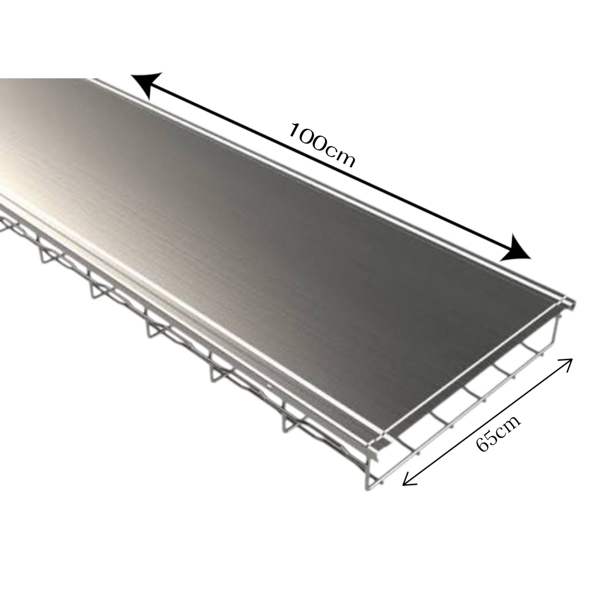A rectangular dark gray or black panel product shown at an angle on a white background, with black dimension arrows and labels indicating 100 cm length and 65 cm width.