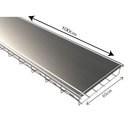 A rectangular dark gray or black panel product shown at an angle on a white background, with black dimension arrows and labels indicating 100 cm length and 65 cm width.