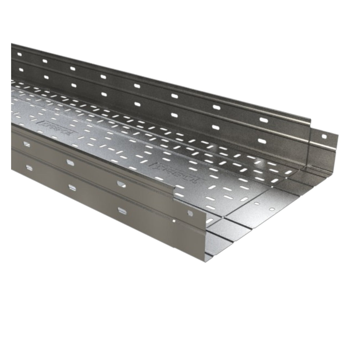 Metal cable tray with a perforated pattern, shown at an angle on a white background.