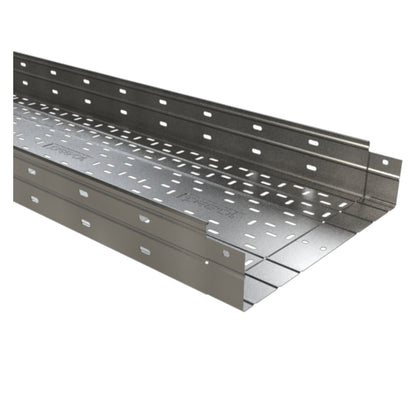 Metal cable tray with a perforated pattern, shown at an angle on a white background.