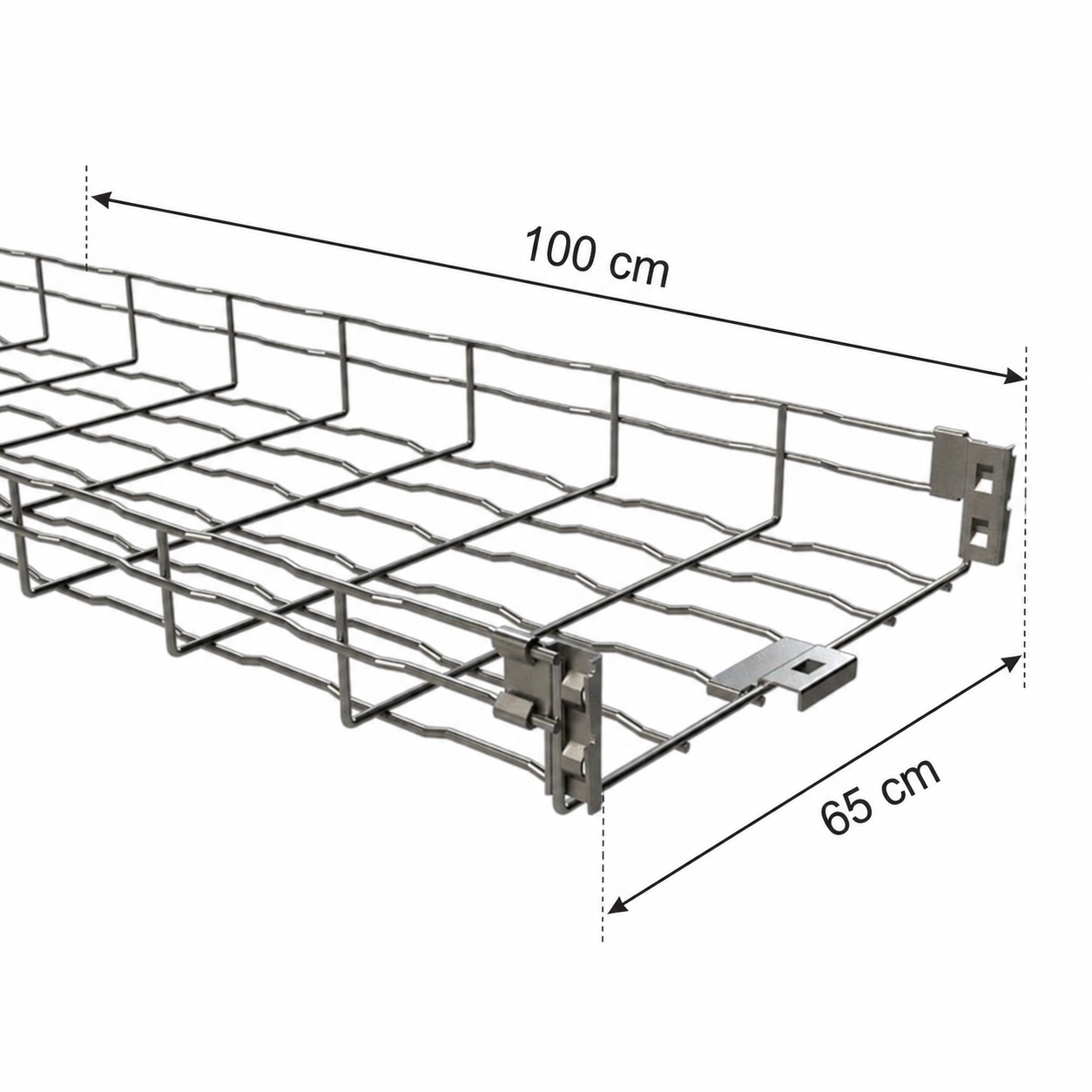 A metal cable tray shown on a white background with dimension arrows and labels indicating 100 cm length and 65 cm width.