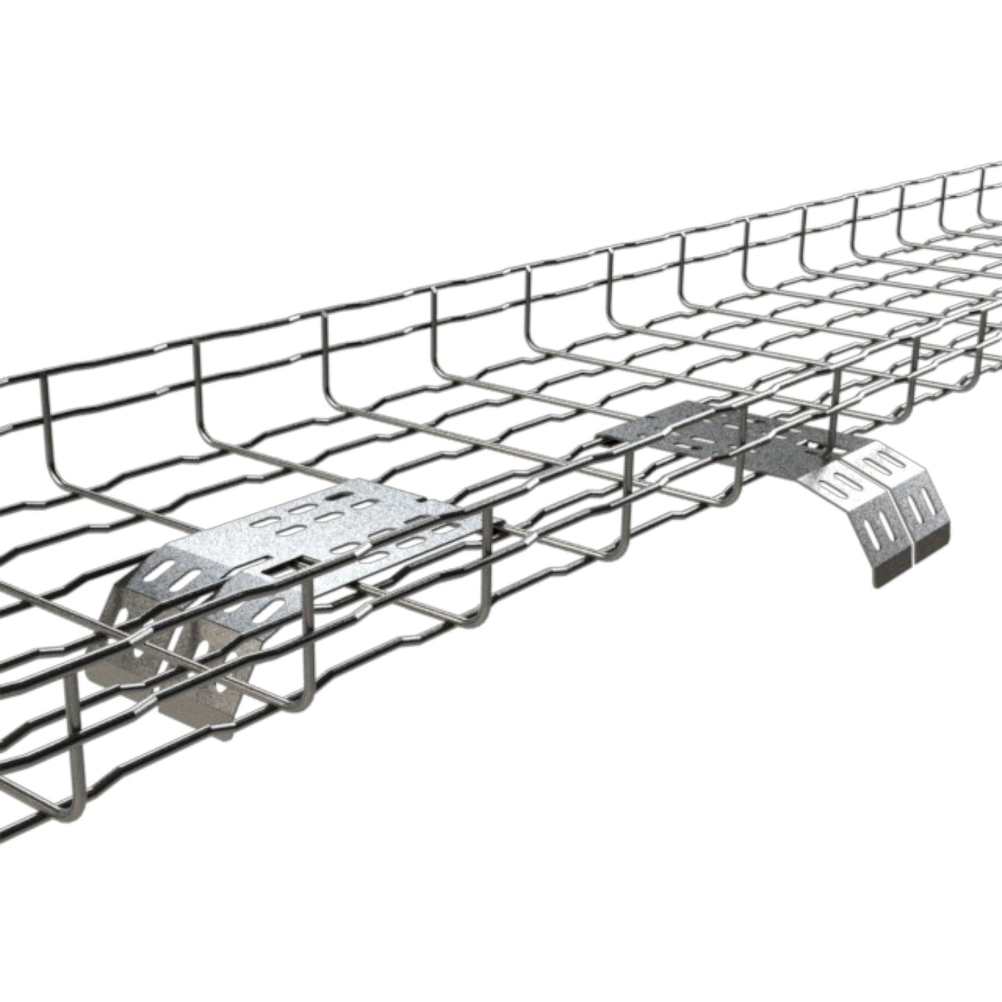 A silver metal cable tray with a grid pattern and mounting brackets, shown on a plain white background.