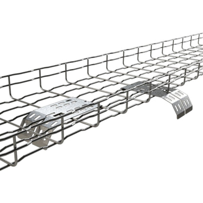 A silver metal cable tray with a grid pattern and mounting brackets, shown on a plain white background.