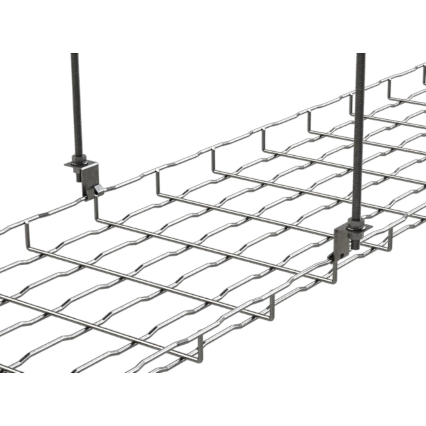 A close-up of a metal cable tray grid with two vertical mounting poles and brackets, shown on a plain white background.
