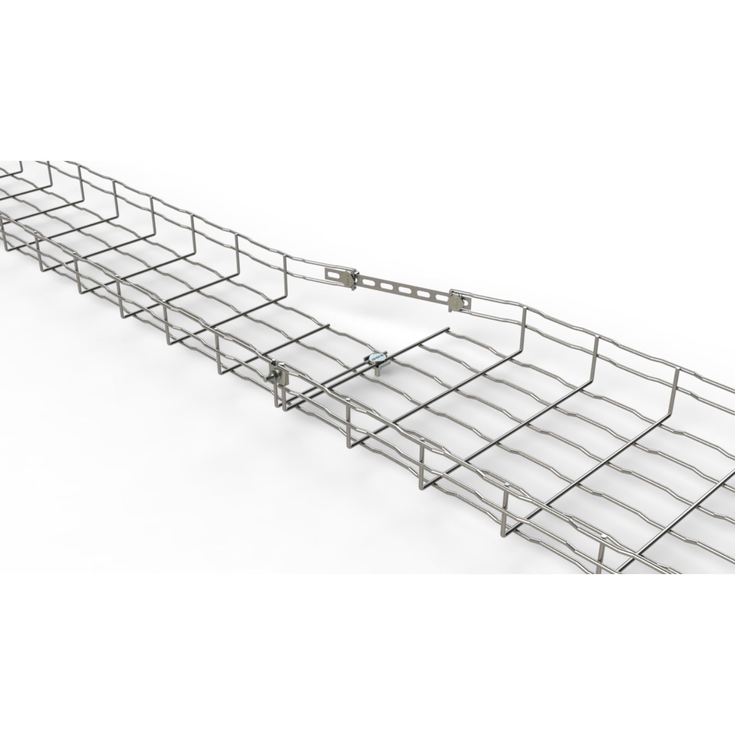 A silver metal cable tray with a grid pattern and adjustable mounting brackets, shown on a clean white background.