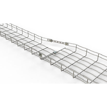 A silver metal cable tray with a grid pattern and adjustable mounting brackets, shown on a clean white background.
