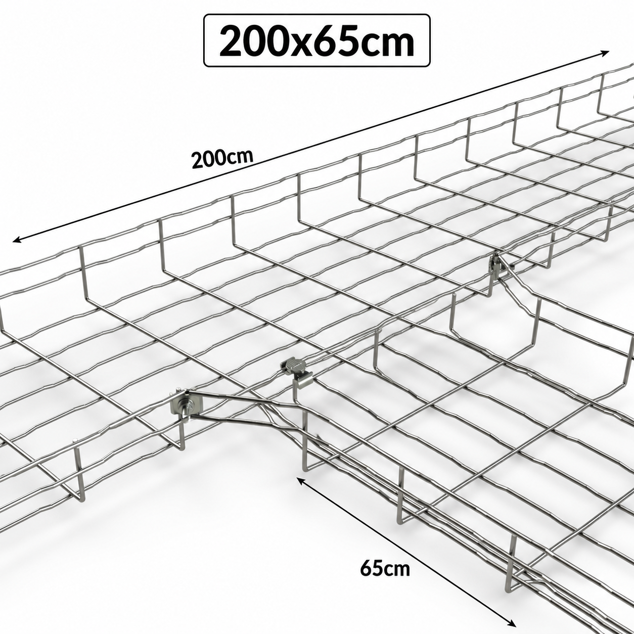 A silver metal wire cable tray with dimension labels showing a length of 200cm and a width of 65cm, on a plain white background.