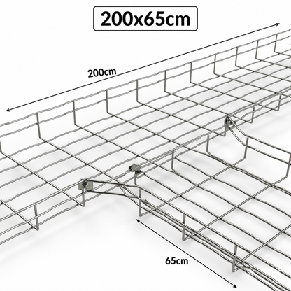 A silver metal wire cable tray with dimension labels showing a length of 200cm and a width of 65cm, on a plain white background.