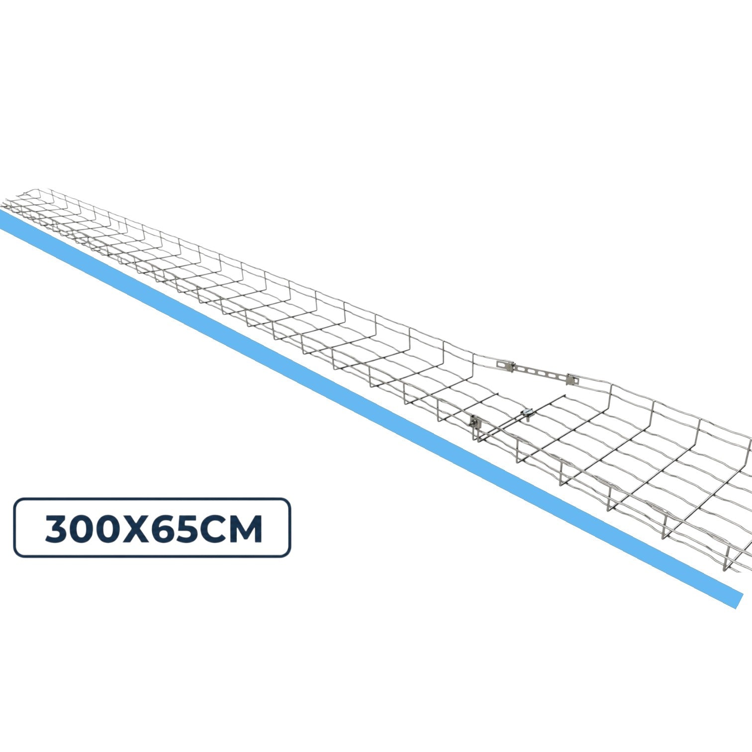 A long wire mesh panel shown diagonally on a white background, with a blue strip along one side and a label reading 300X65CM.