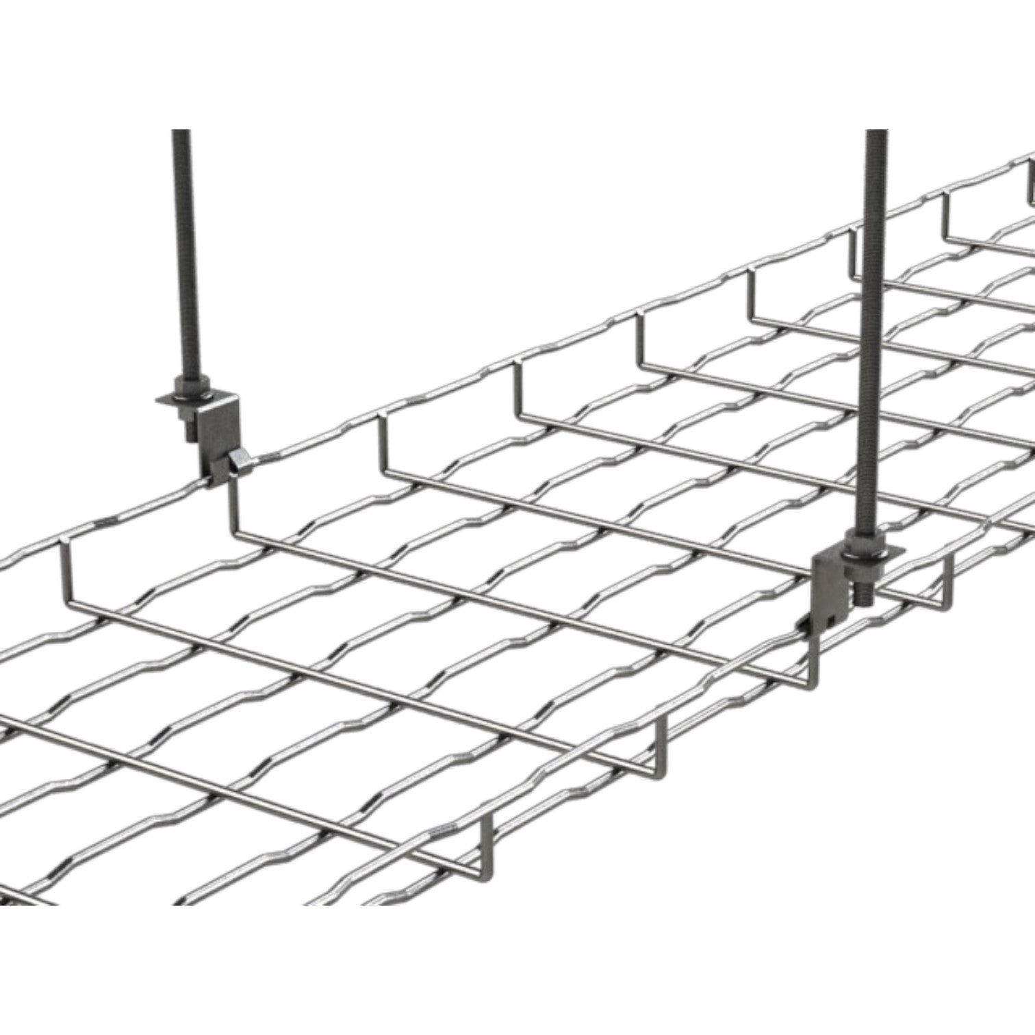 A close-up of a metal cable tray grid with two vertical mounting poles and brackets, shown on a plain white background.