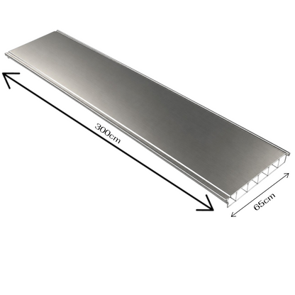 A long, narrow metallic silver aluminum channel or trim piece shown at an angle on a white background, with black dimension arrows and labels indicating 300 cm length and 65 cm width.