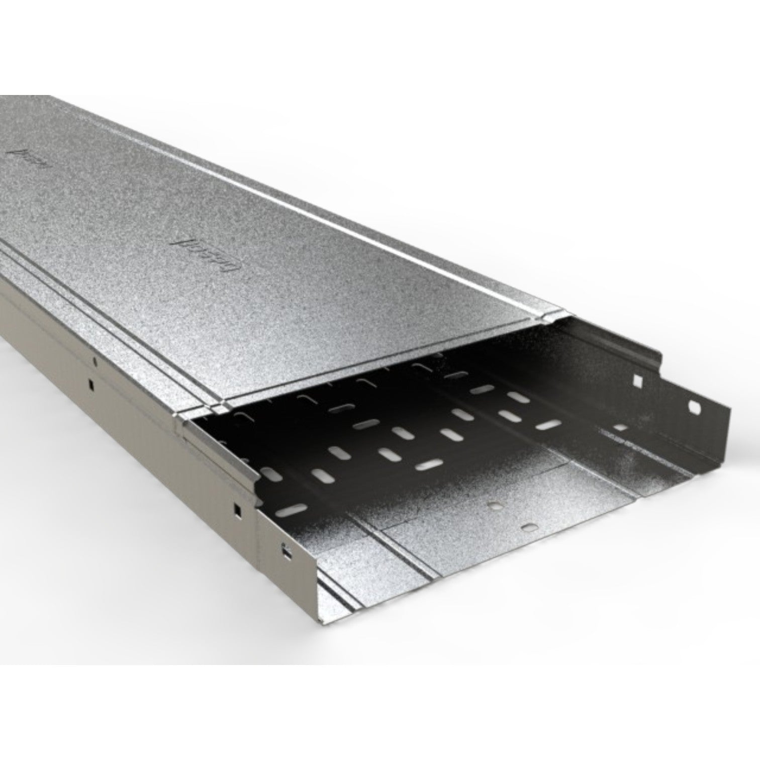 A close-up of a silver metal cable tray or conduit section with perforated interior slots, shown on a clean white background.