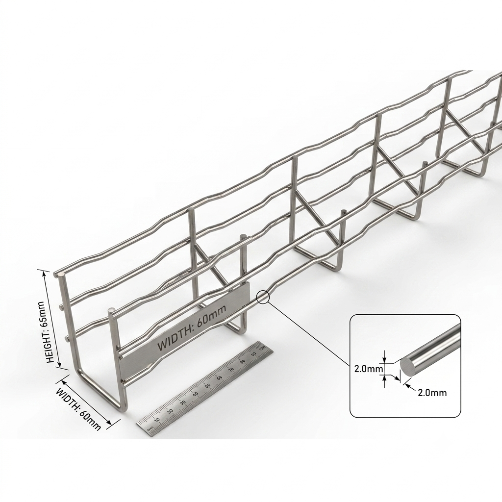 A long silver metal cable tray with wavy horizontal bars and angled support legs, shown on a white background with dimension labels (60mm width, 60mm height) and a small inset detail of the 2.0mm wire thickness.