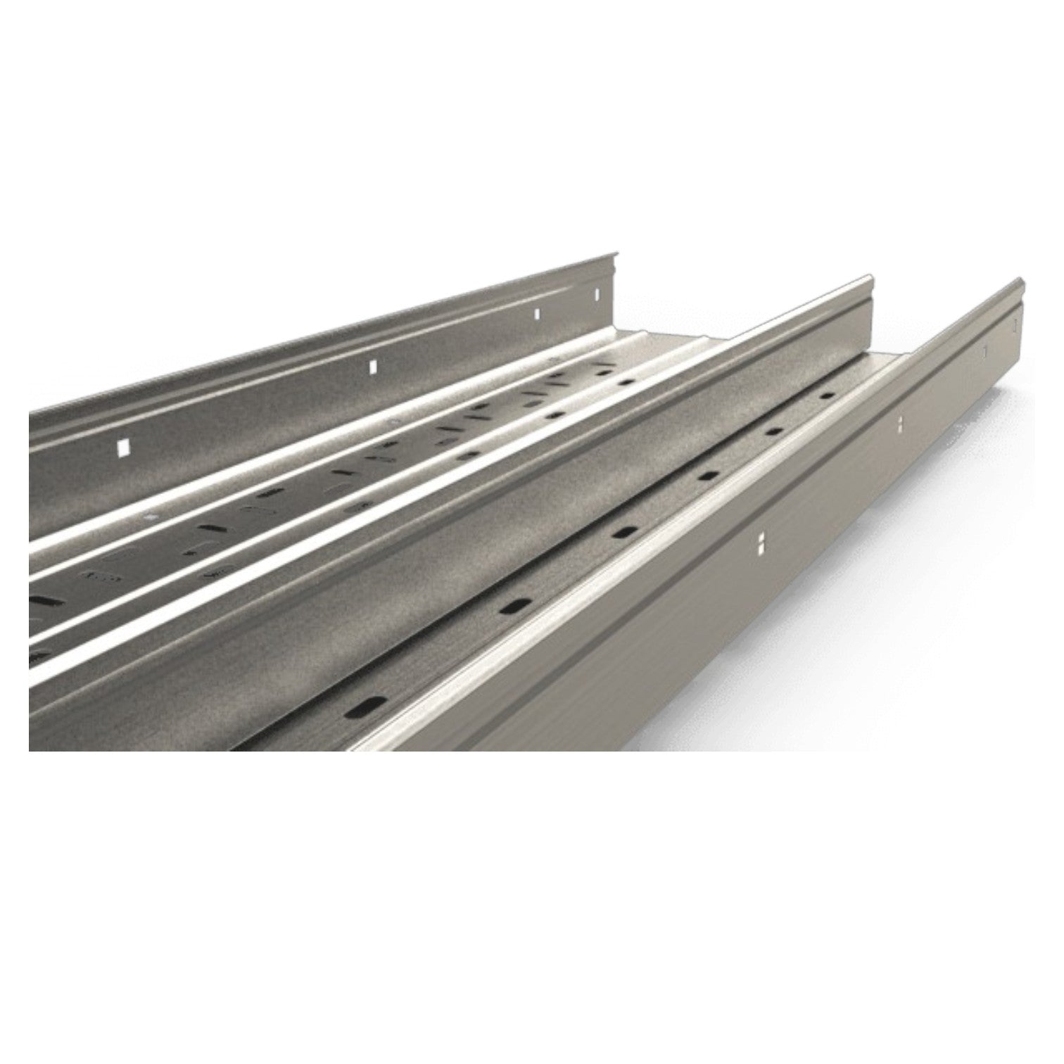 Gray metal cable tray channels shown at an angle on a white background.