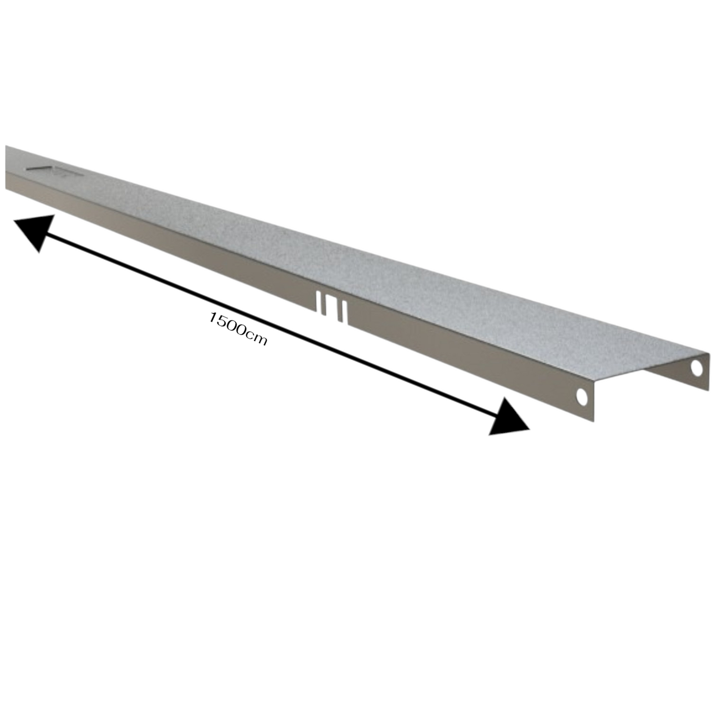 A long, narrow metal channel or rail shown on a plain white background, with a black arrow and text indicating a length of 1500cm.