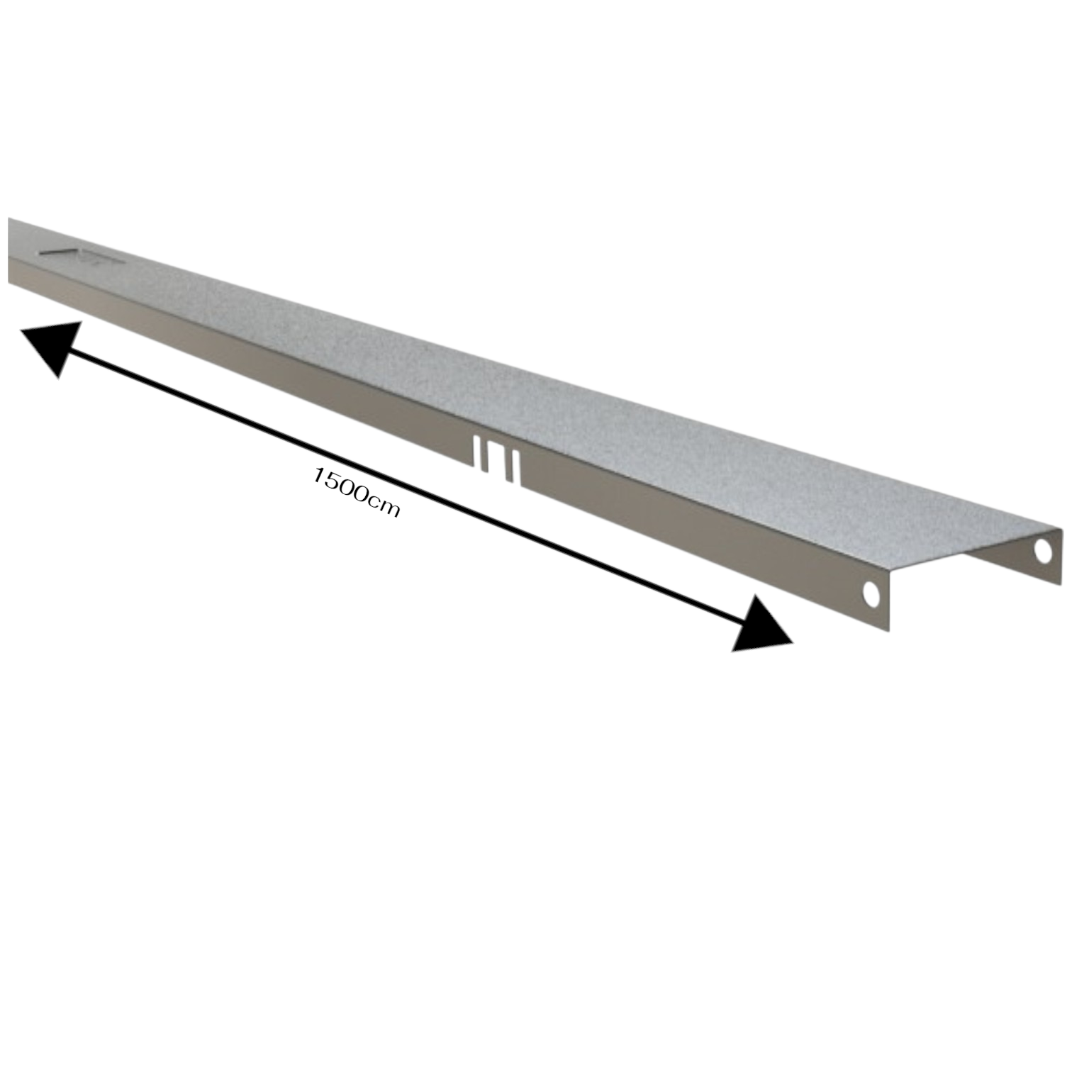 A long, narrow metal channel or rail shown on a plain white background, with a black arrow and text indicating a length of 1500cm.