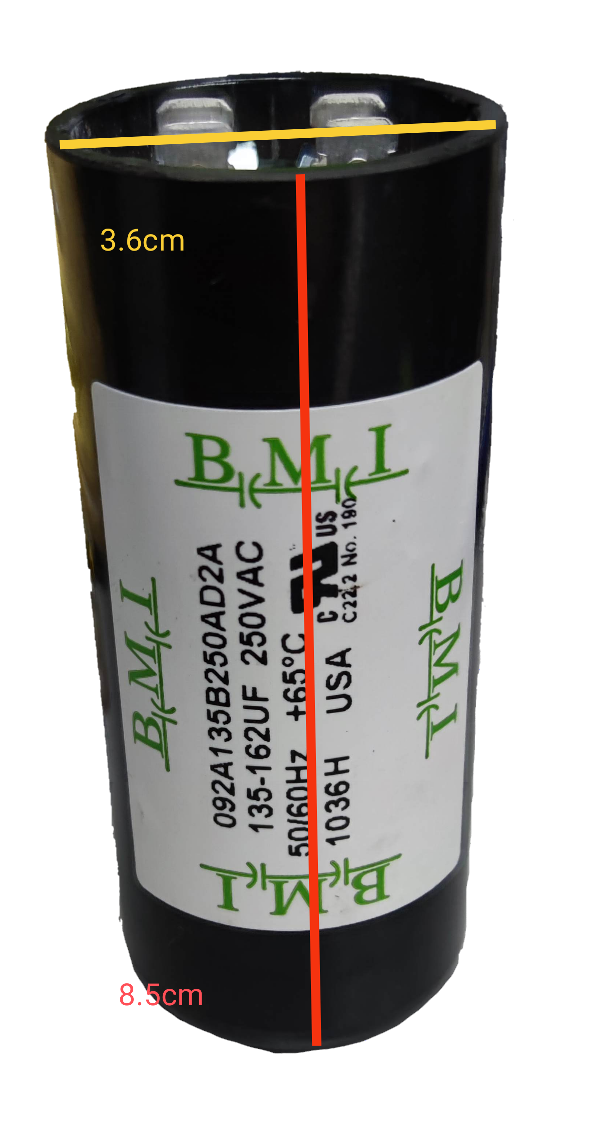 BMI motor starting capacitor 135-162 uf cylindrical electrical component with labeled specifications