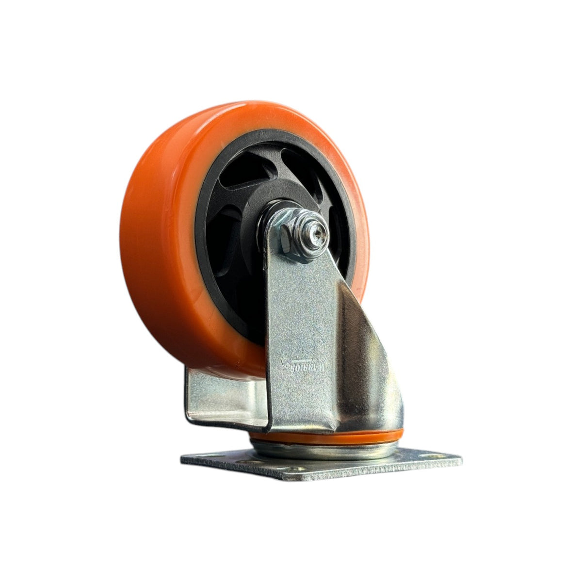 An industrial swivel caster wheel with a bright orange polyurethane tire, a galvanized steel swivel bracket, and a square mounting base, shown on a solid white background.