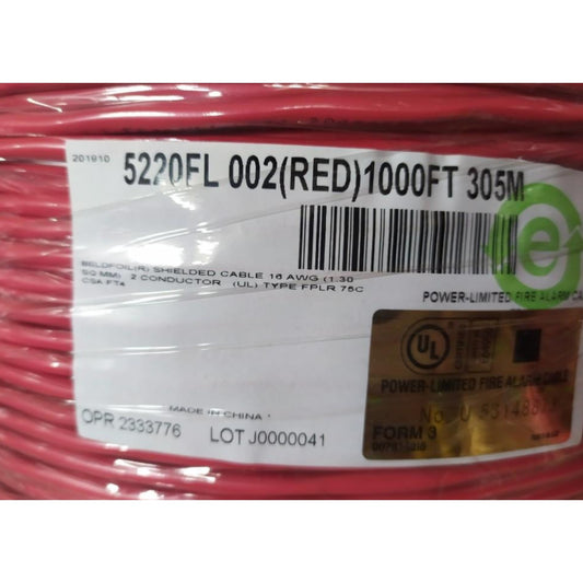 A close-up of a red fire alarm cable wound on a spool, wrapped in clear plastic with a white product label showing barcode and UL certification details.