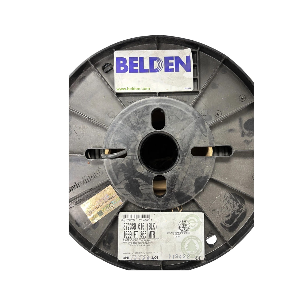 A spool of Belden wire cable, shown from the back side. The spool is black plastic with a central hole, featuring a prominent white Belden brand label at the top and a product specification label at the bottom.