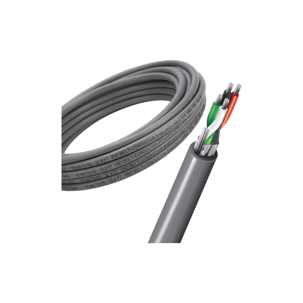 Gray multi-core industrial cable with a coiled section and one end stripped to show the internal wire colors and metal shielding, on a white background.