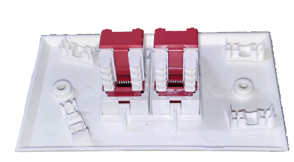 Belkin 2 gang Cat 6 LAN outlet white wall plate with two red LAN ports for high-speed network connections