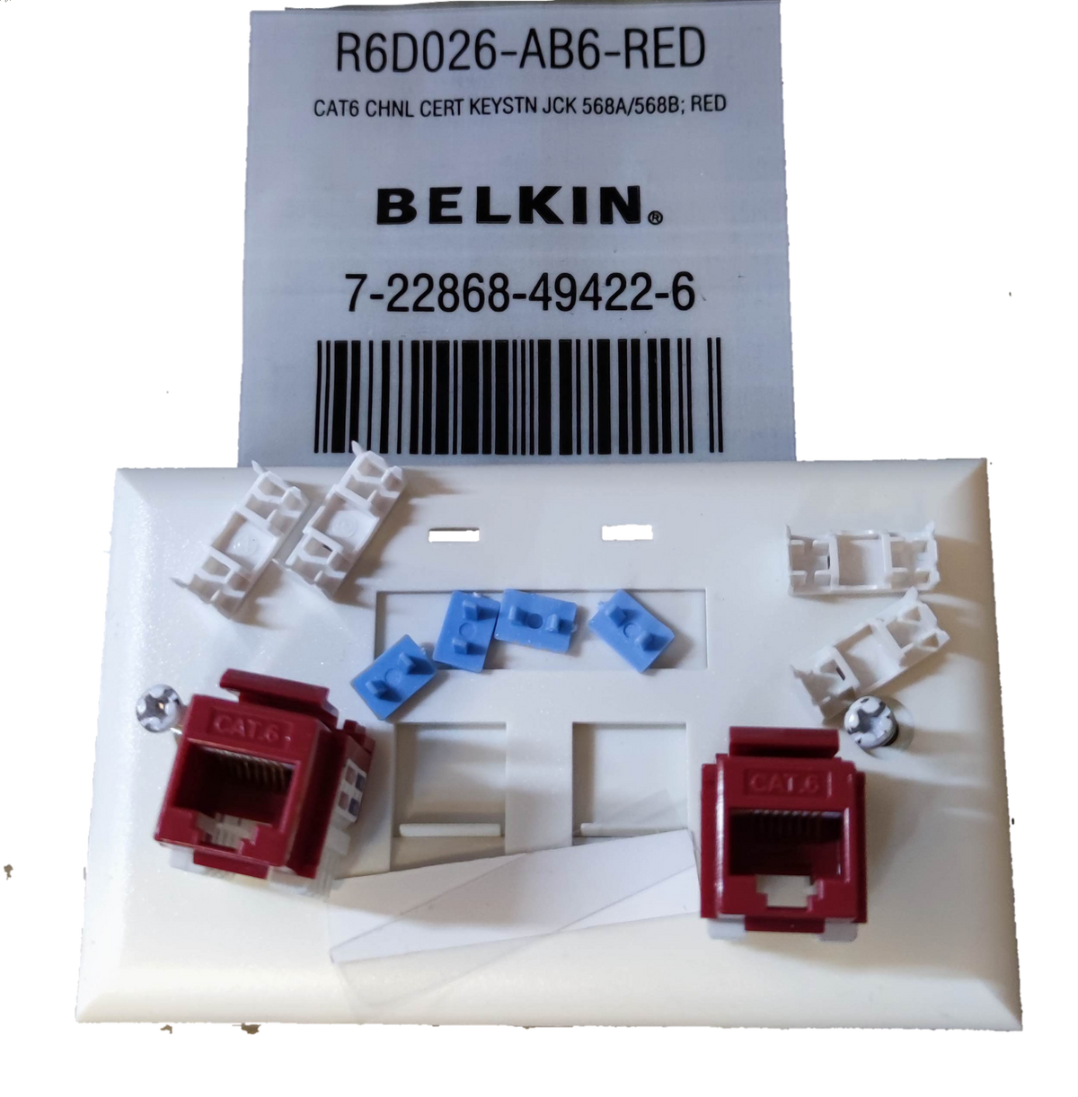 Belkin 2 gang Cat 6 LAN outlet with red keystone jacks and white mounting plate for network connections
