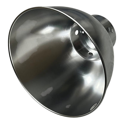 A brushed metal industrial pendant light fixture with a wide, flared dome shade and a mounting collar, shown on a plain white background.