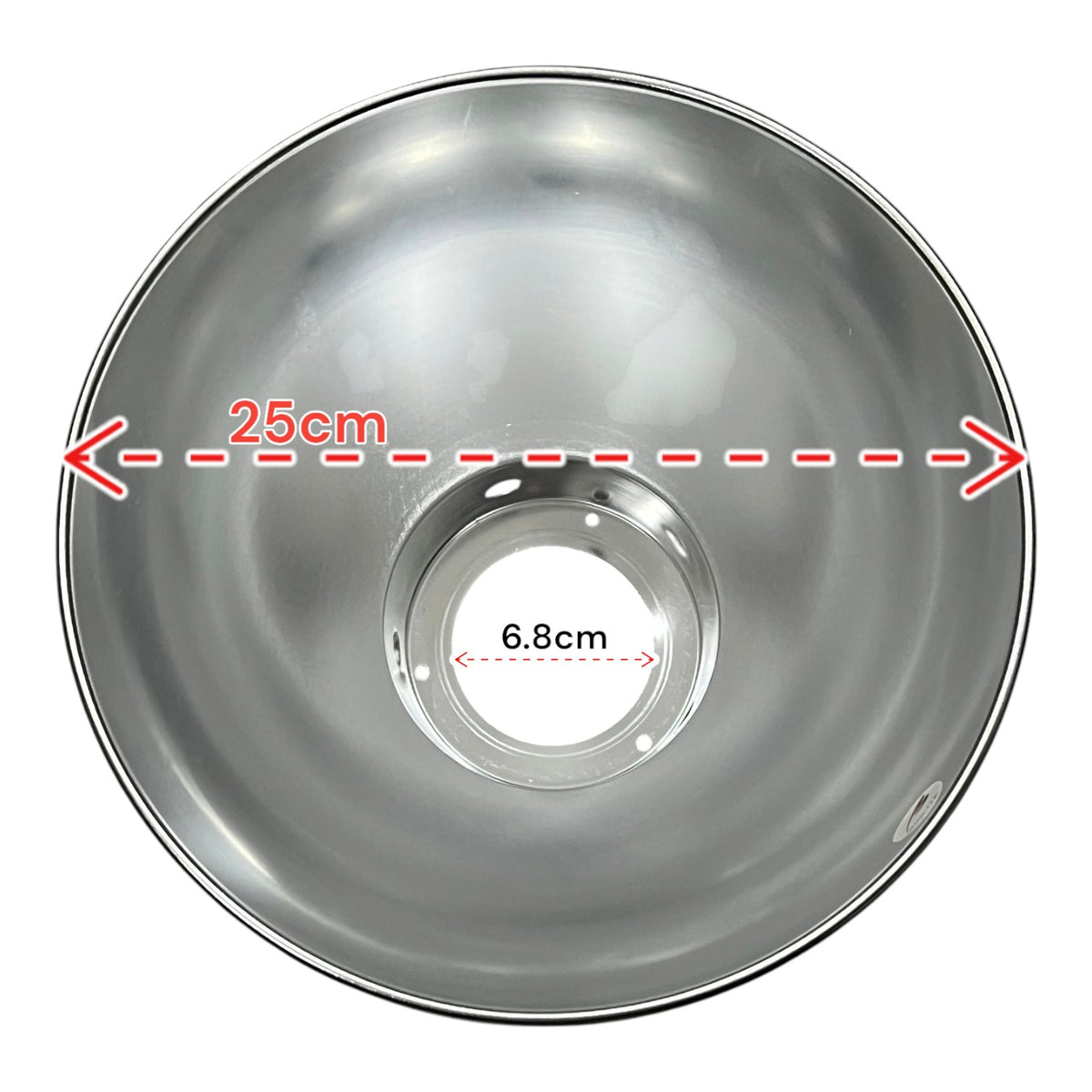 Top-down view of a round metallic silver bowl or lamp shade with red dashed measurement arrows indicating a 25 cm diameter and a 6.8 cm center hole, on a white background.