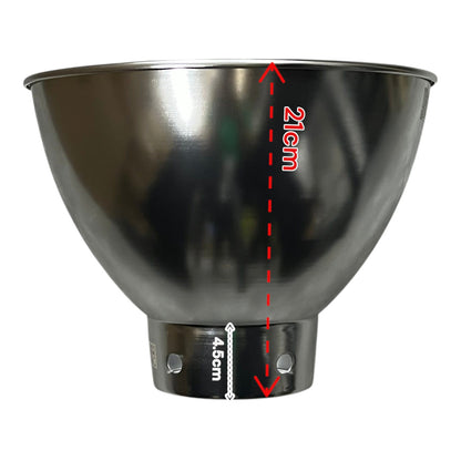 A reflective silver metal reflector bowl with a mounting base, shown on a white background with red dashed dimension lines indicating 21cm height and 4.5cm base width.